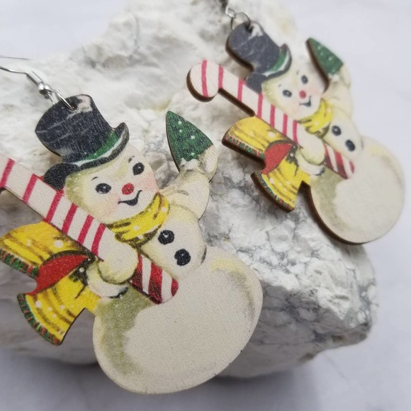 Candy Cane Snowman Christmas Earrings - Picture 2 of 2